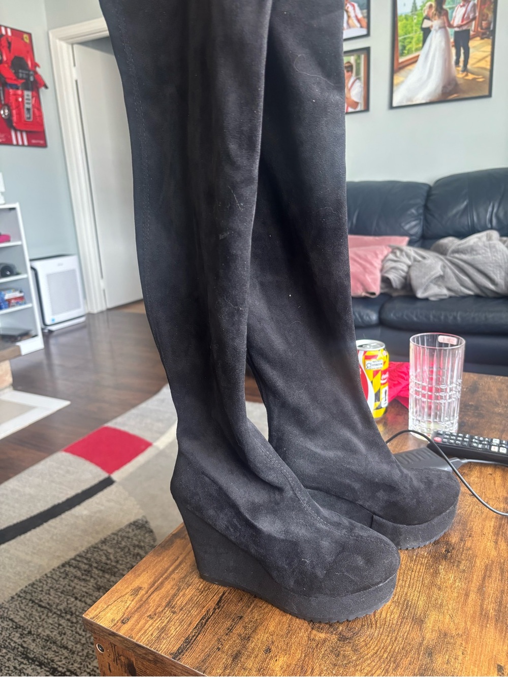 Black Suede Platform Wedge Boots - Women